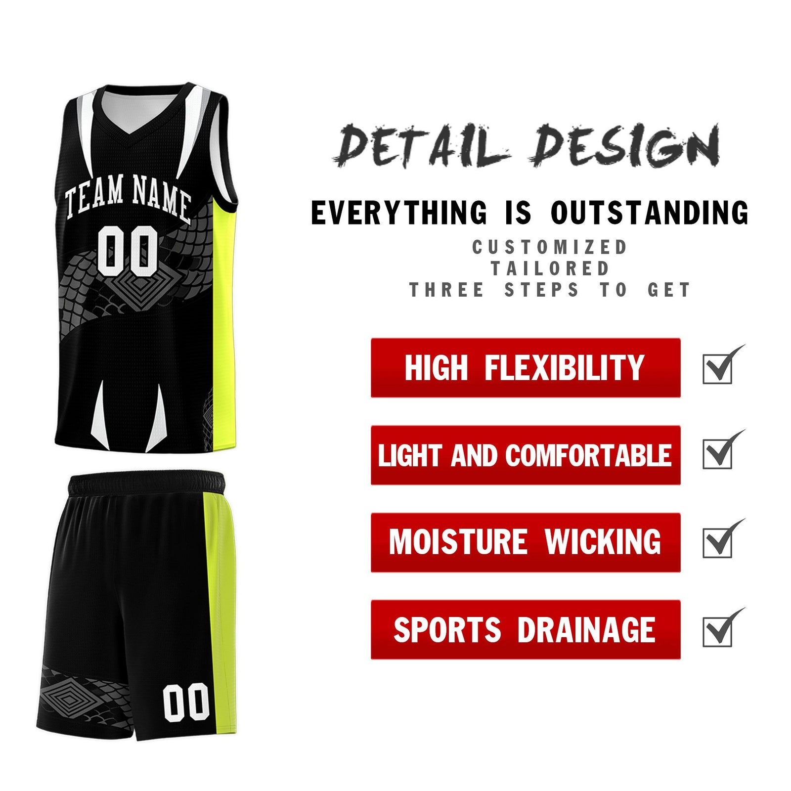 Custom Black Neon Green Snake Scale Venomous Fang Breathable Graffiti Pattern Basketball Suit Jersey