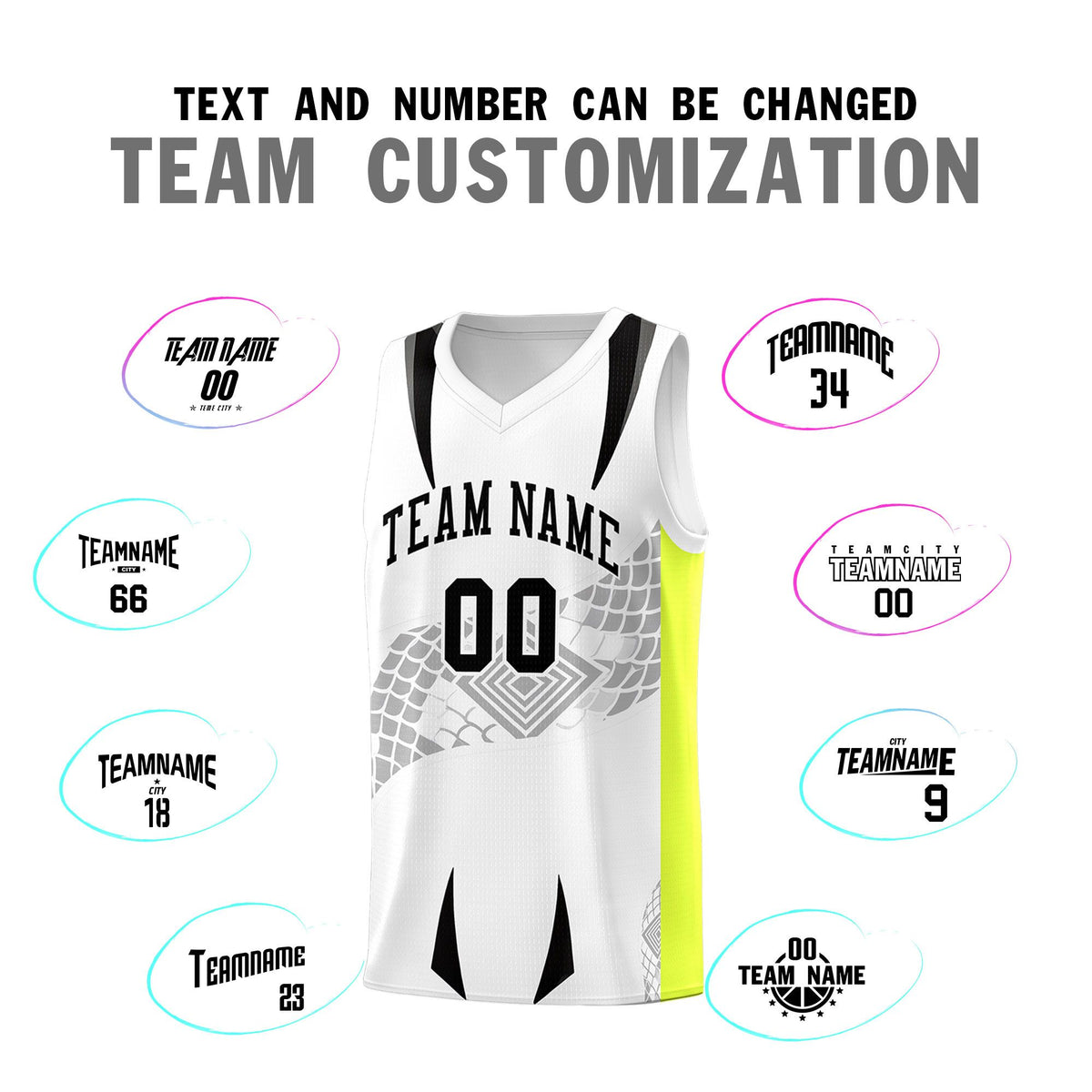 Custom White Neon Green Snake Scale Venomous Fang for Clubs Graffiti Pattern Basketball Suit Jersey