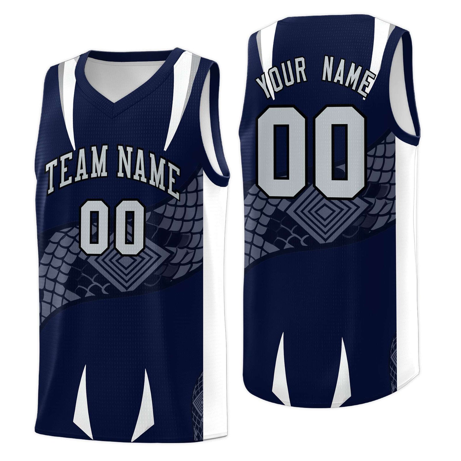 Custom Navy White Snake Scale Venomous Fang Lightweight Graffiti Pattern Basketball Suit Jersey