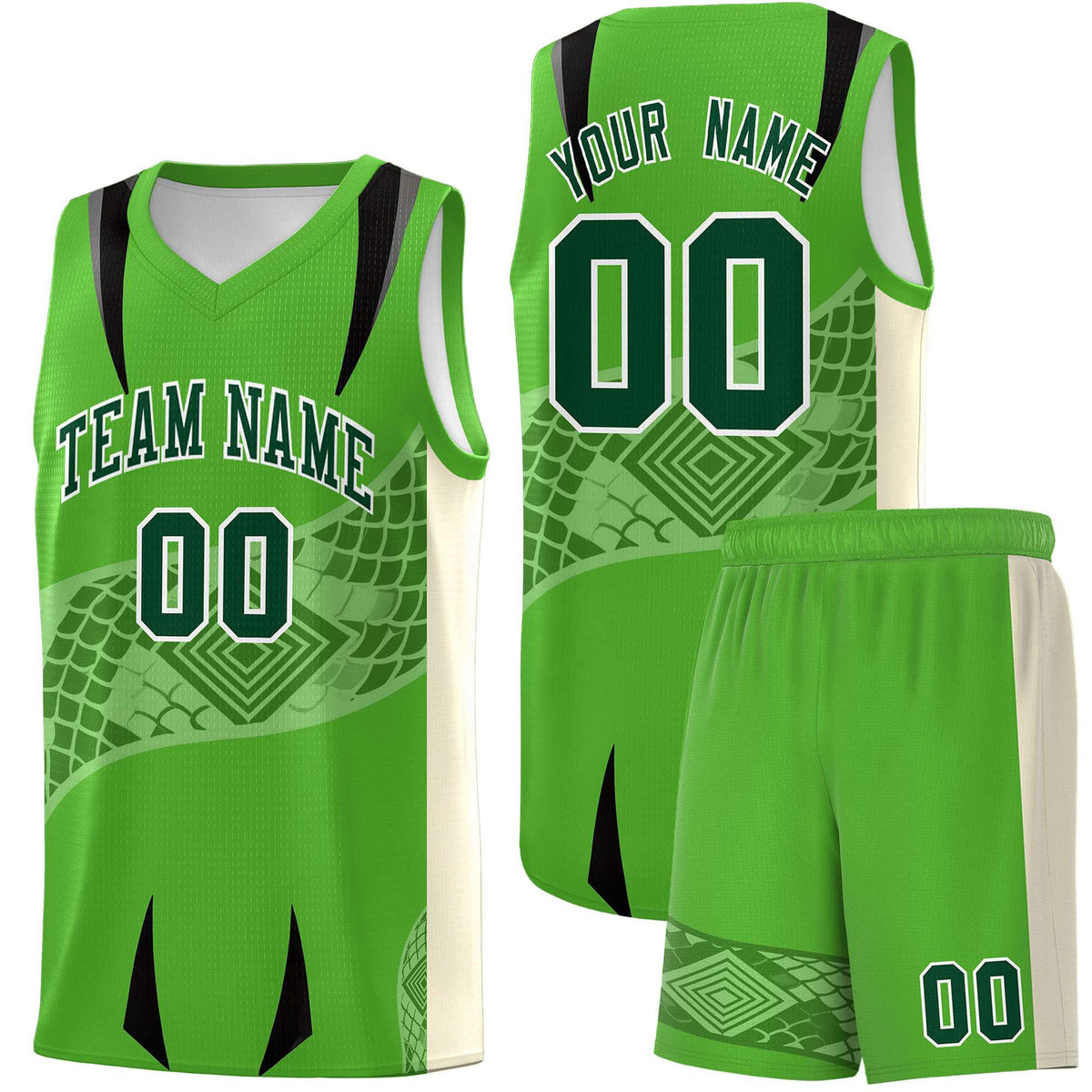 Custom Light Green Cream Snake Scale Venomous Fang for Team Graffiti Pattern Basketball Suit Jersey