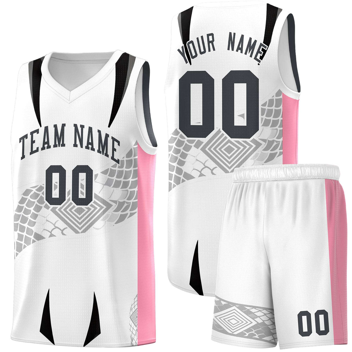 Custom White Light Pink Snake Scale Venomous Fang for Leagues Graffiti Pattern Basketball Suit Jersey
