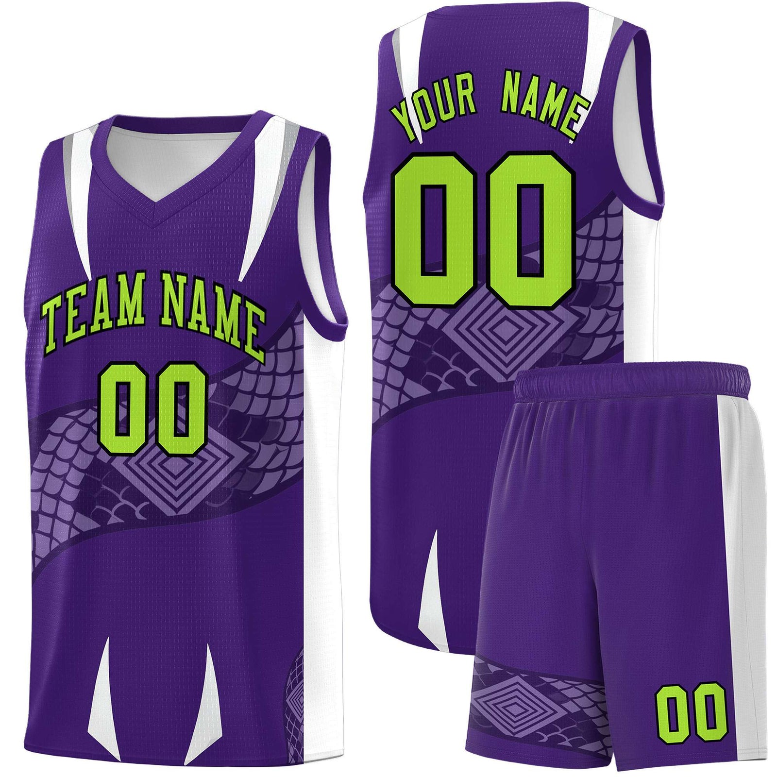 Custom Purple White Snake Scale Venomous Fang Breathable Graffiti Pattern Basketball Suit Jersey