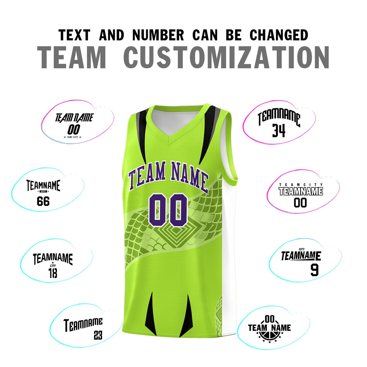 Custom Neon Green White Snake Scale Venomous Fang for Clubs Graffiti Pattern Basketball Suit Jersey