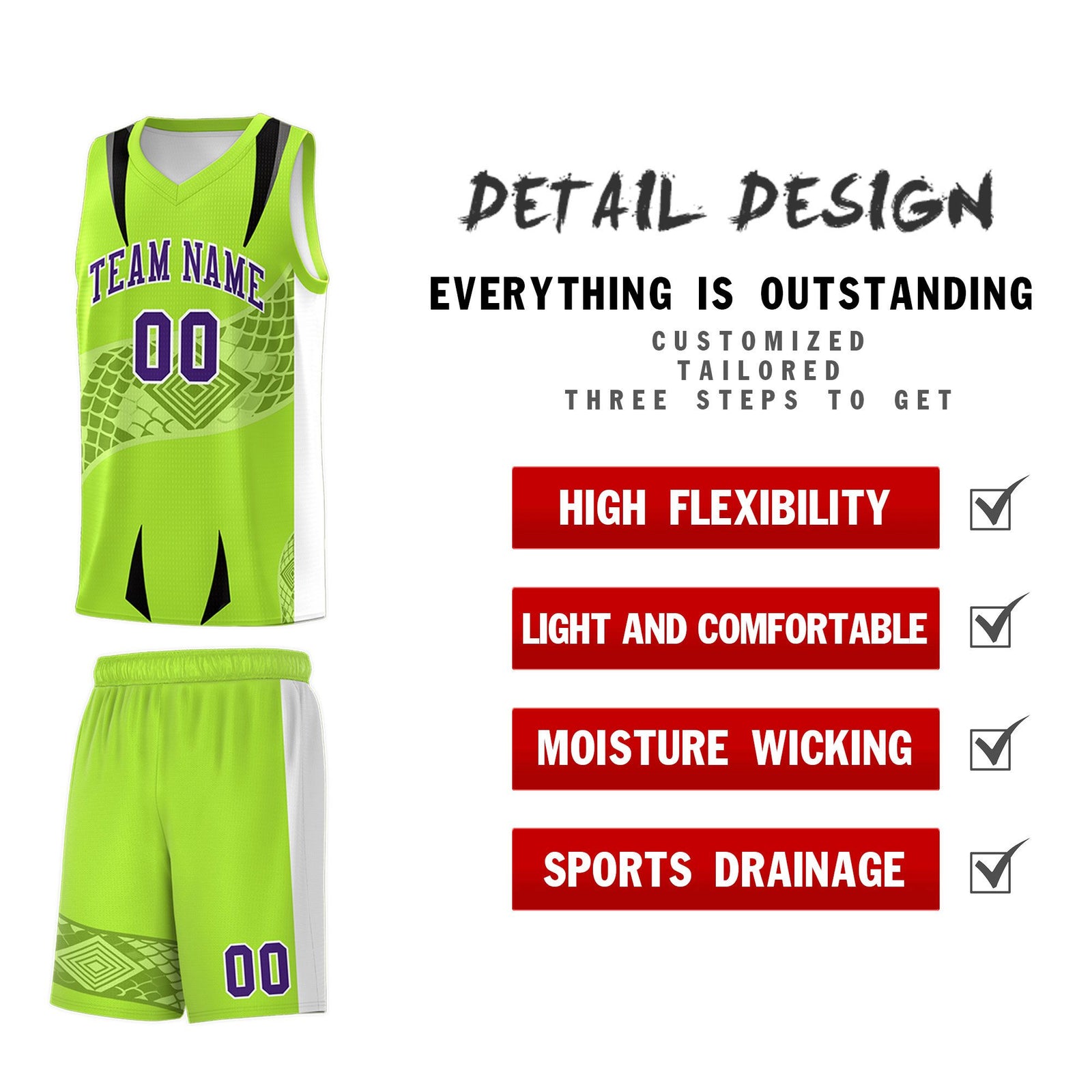 Custom Neon Green White Snake Scale Venomous Fang for Clubs Graffiti Pattern Basketball Suit Jersey