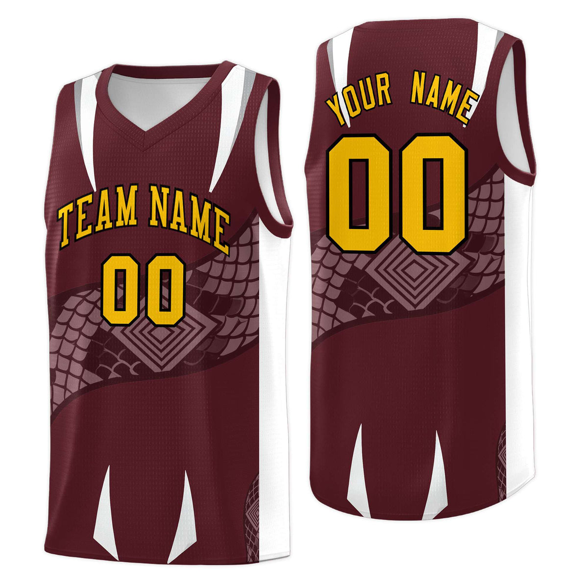 Custom Burgundy White Snake Scale Venomous Fang Drapable Graffiti Pattern Basketball Suit Jersey