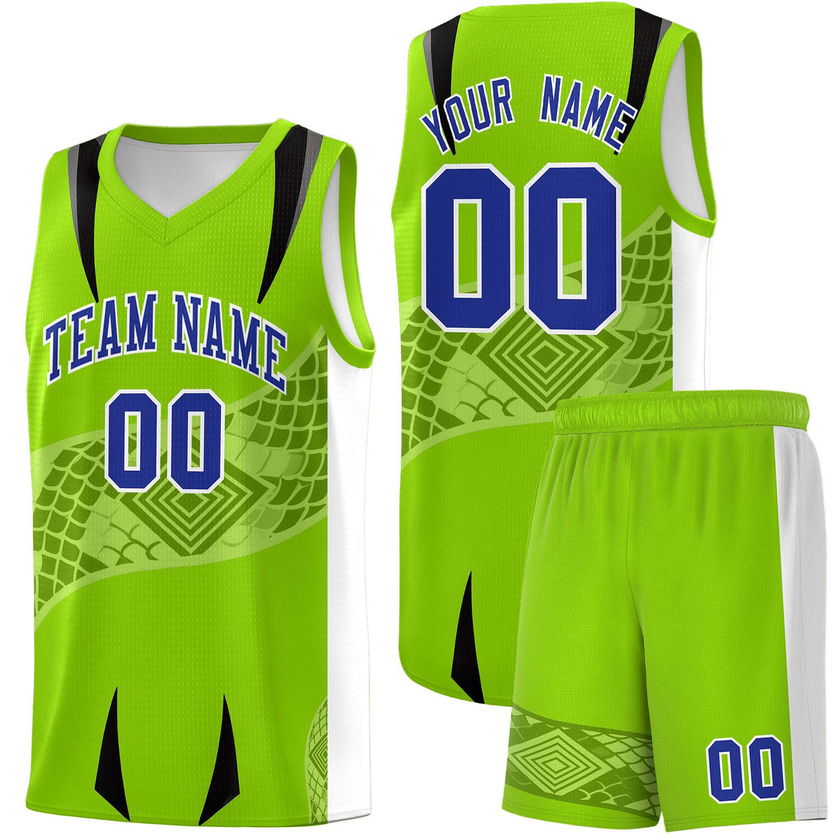 Custom Neon Green White Snake Scale Venomous Fang for Leagues Graffiti Pattern Basketball Suit Jersey