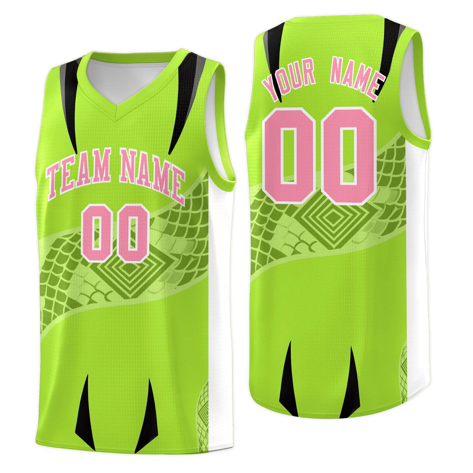 Custom Neon Green White Snake Scale Venomous Fang for Leagues Graffiti Pattern Basketball Suit Jersey