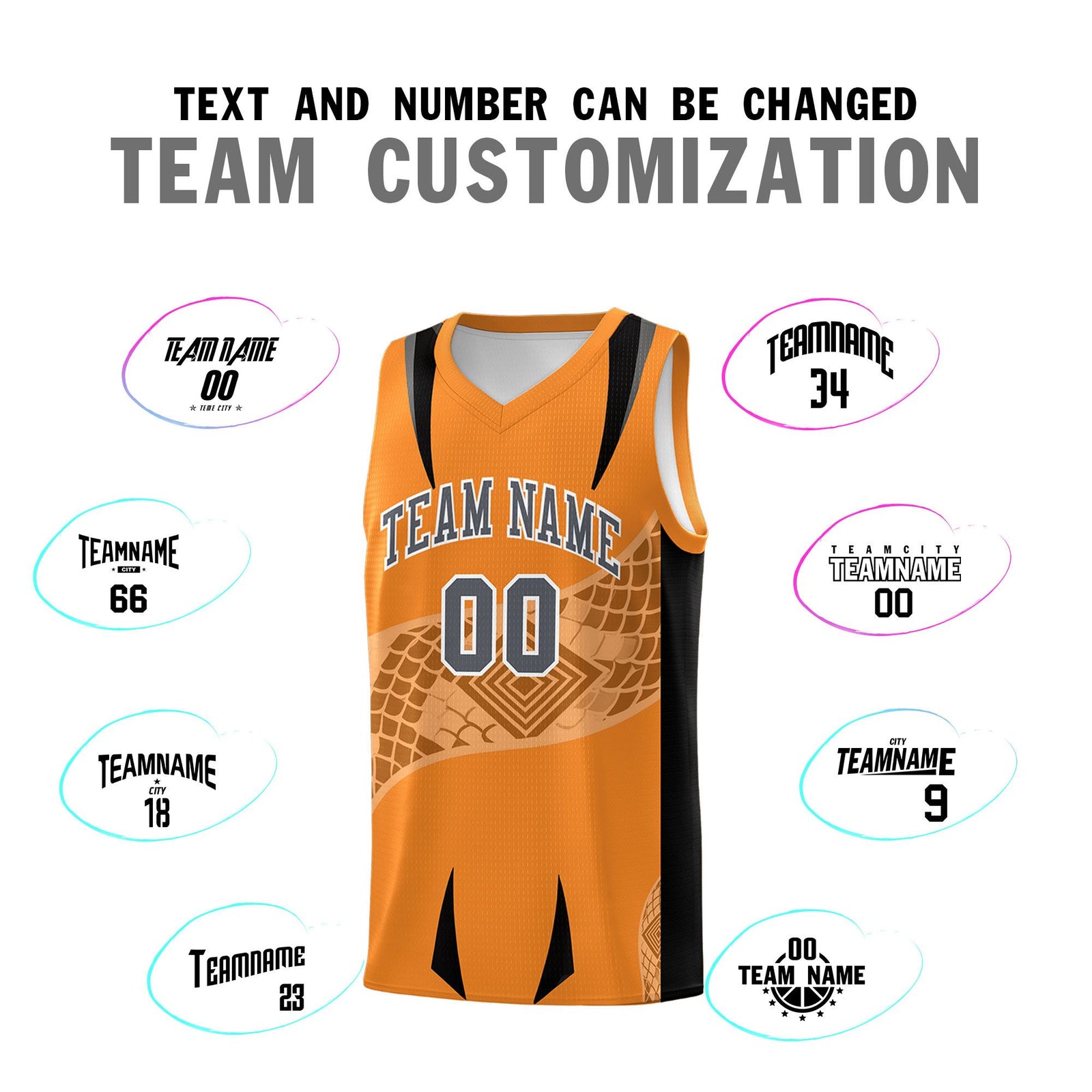 Custom Orange Black Snake Scale Venomous Fang for Clubs Graffiti Pattern Basketball Suit Jersey