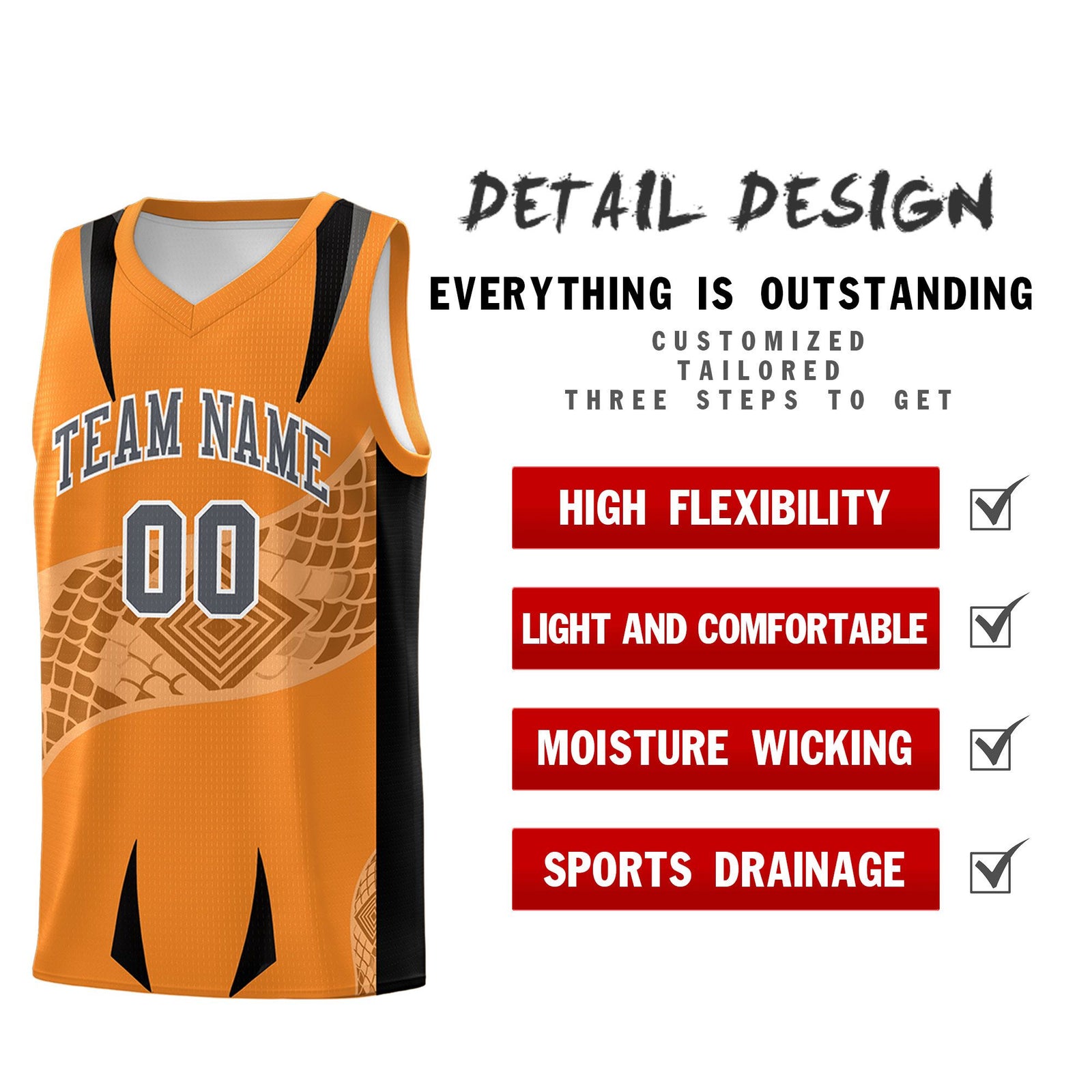 Custom Orange Black Snake Scale Venomous Fang for Clubs Graffiti Pattern Basketball Suit Jersey