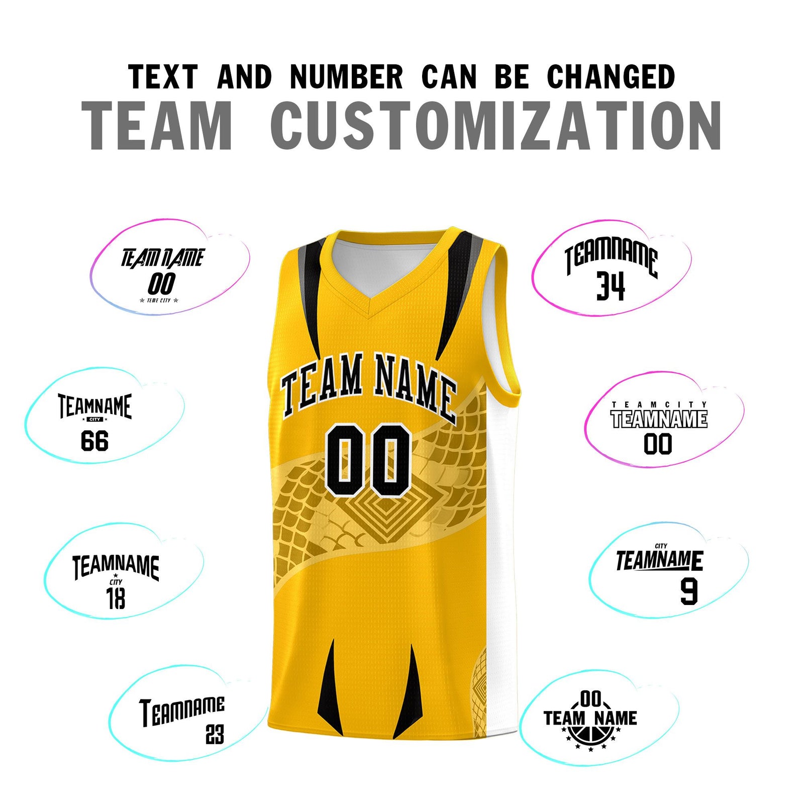 Custom Yellow White Snake Scale Venomous Fang for Team Graffiti Pattern Basketball Suit Jersey