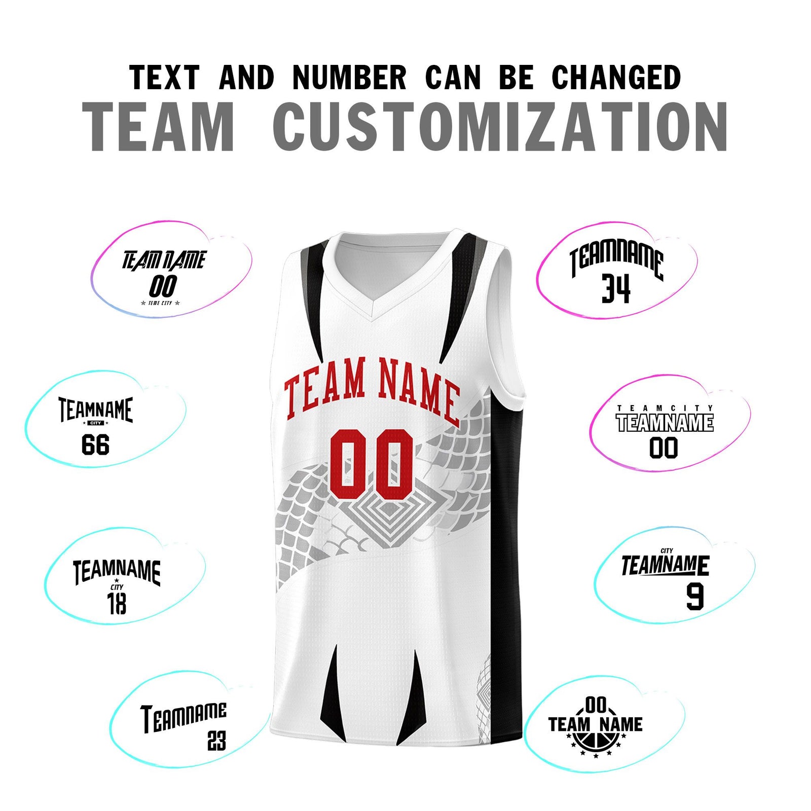 Custom White Black Snake Scale Venomous Fang for Leagues Graffiti Pattern Basketball Suit Jersey