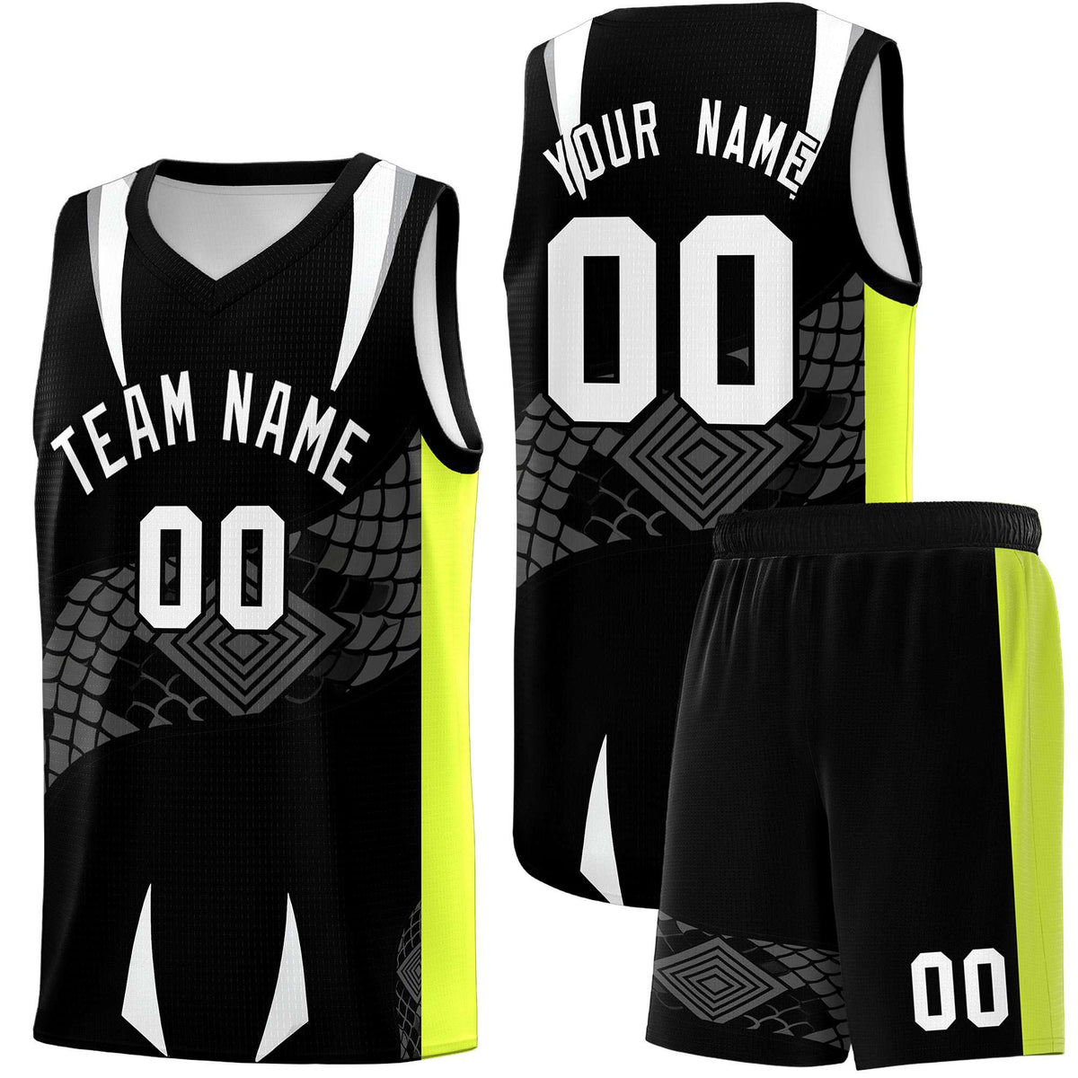 Custom Black Neon Green Snake Scale Venomous Fang Breathable Graffiti Pattern Basketball Suit Jersey