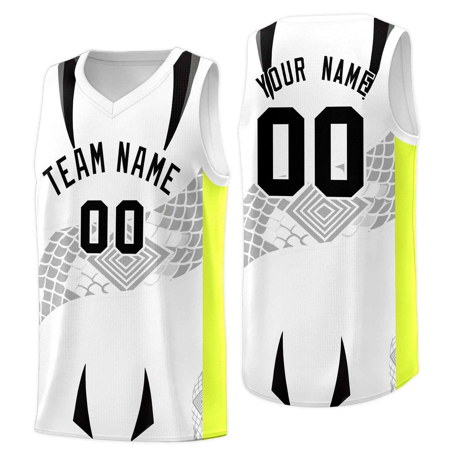 Custom White Neon Green Snake Scale Venomous Fang for Clubs Graffiti Pattern Basketball Suit Jersey