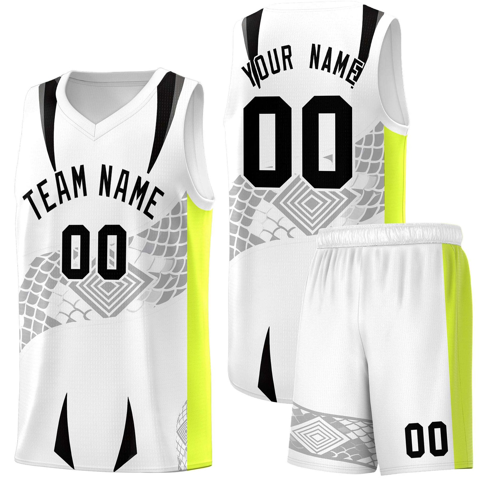 Custom White Neon Green Snake Scale Venomous Fang for Clubs Graffiti Pattern Basketball Suit Jersey