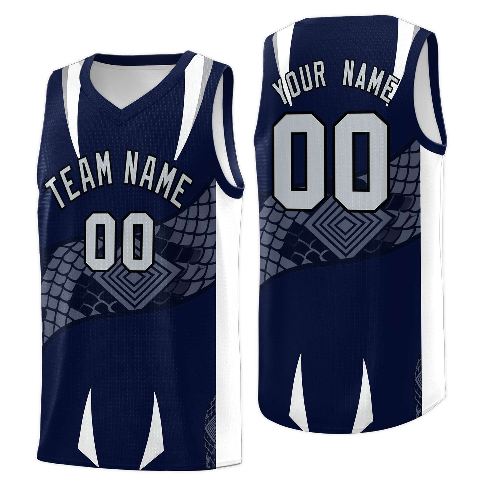 Custom Navy White Snake Scale Venomous Fang Lightweight Graffiti Pattern Basketball Suit Jersey