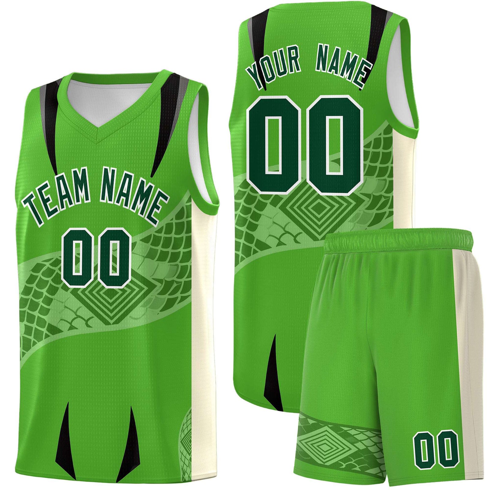 Custom Light Green Cream Snake Scale Venomous Fang for Team Graffiti Pattern Basketball Suit Jersey