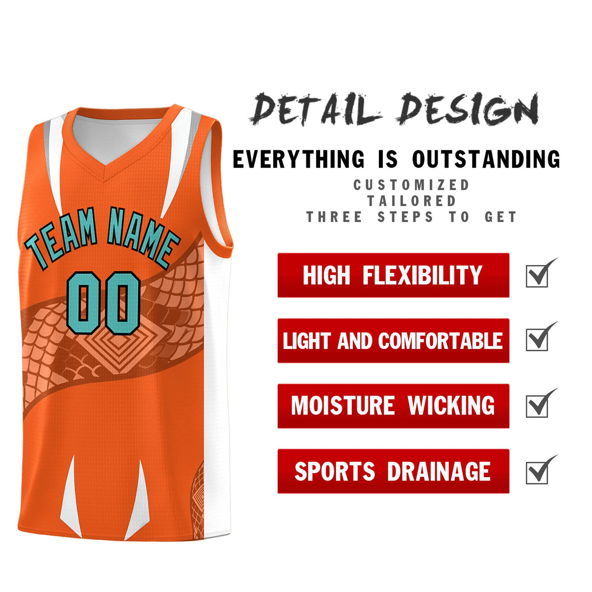 Custom Orange White Snake Scale Venomous Fang Lightweight Graffiti Pattern Basketball Suit Jersey