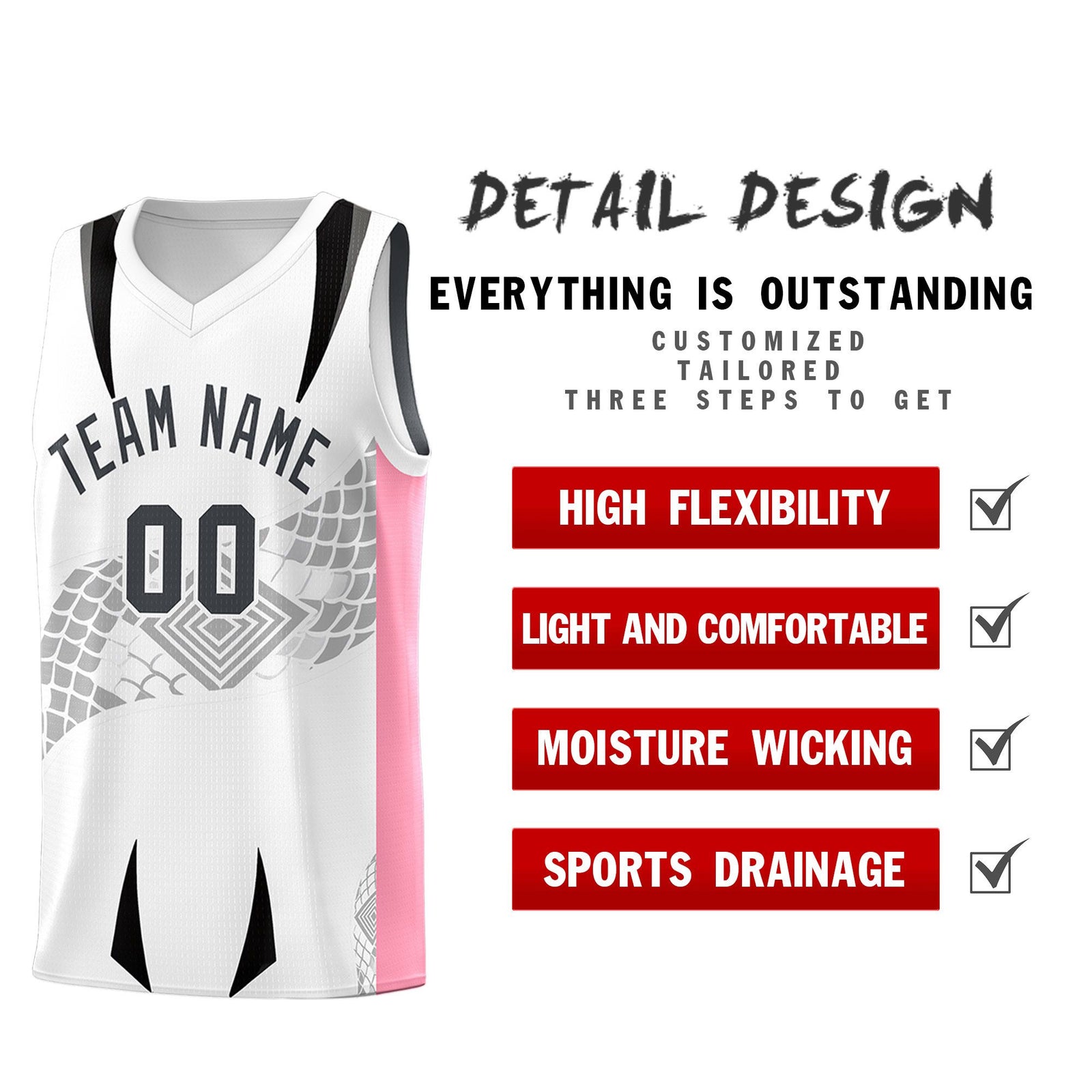 Custom White Light Pink Snake Scale Venomous Fang for Leagues Graffiti Pattern Basketball Suit Jersey