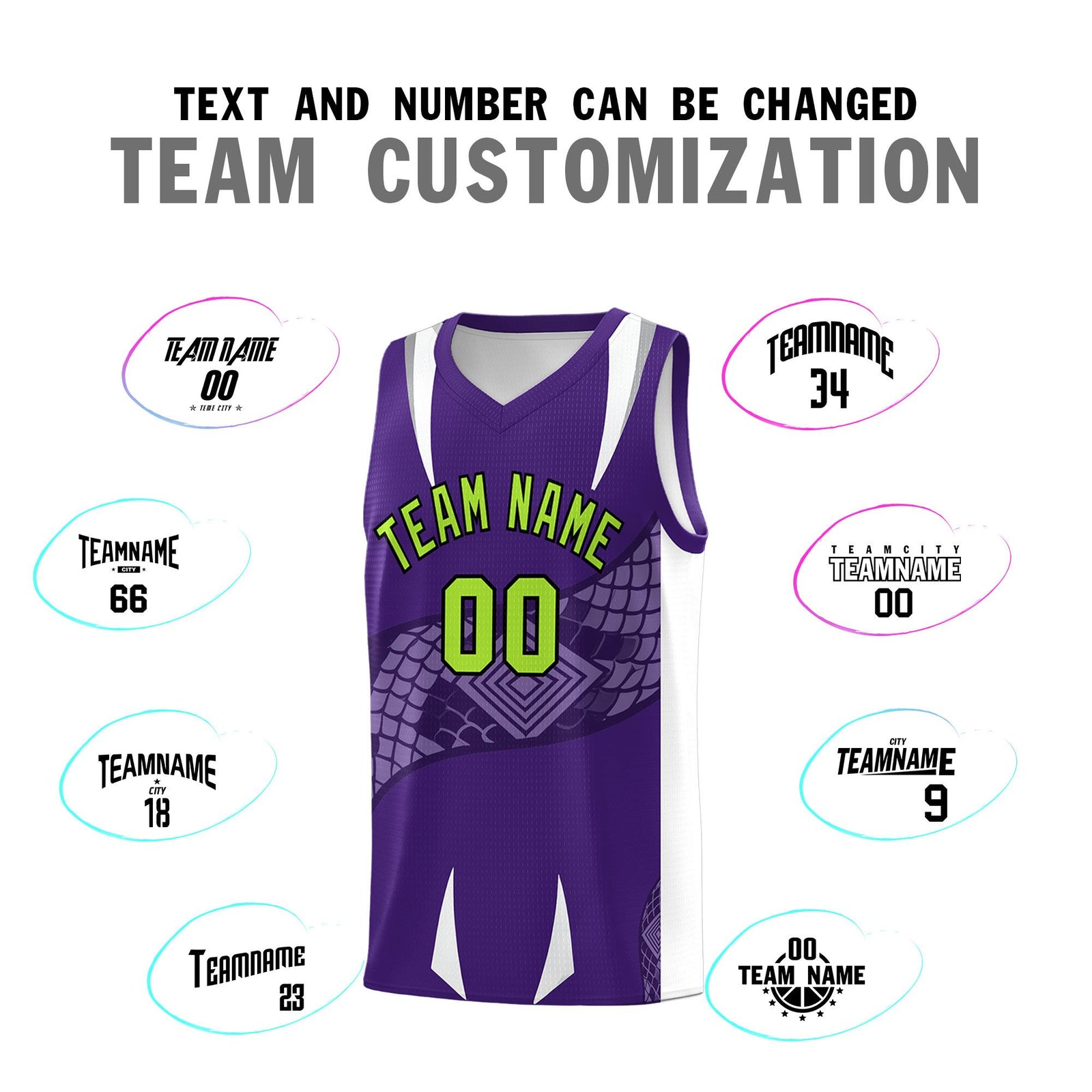 Custom Purple White Snake Scale Venomous Fang Breathable Graffiti Pattern Basketball Suit Jersey