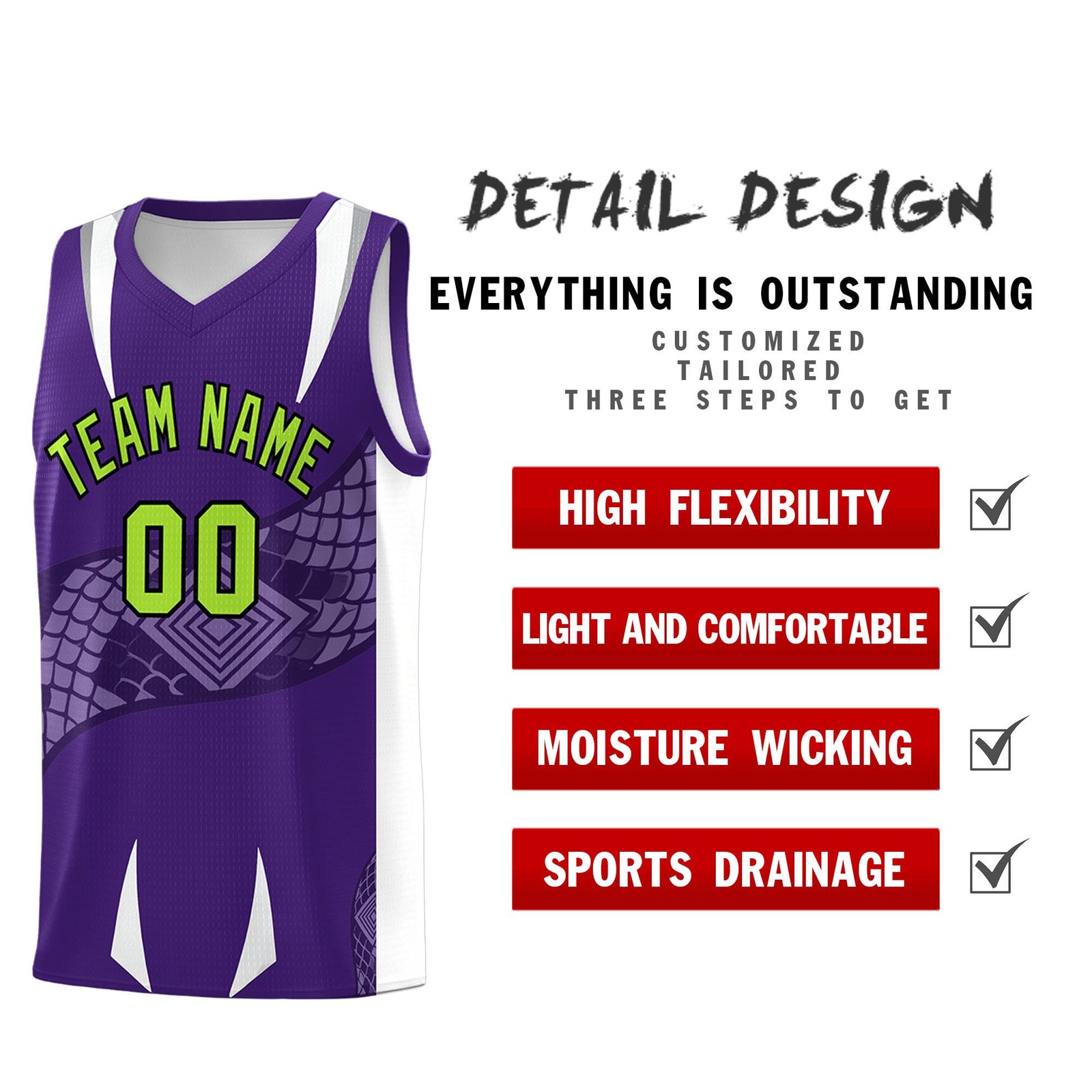 Custom Purple White Snake Scale Venomous Fang Breathable Graffiti Pattern Basketball Suit Jersey