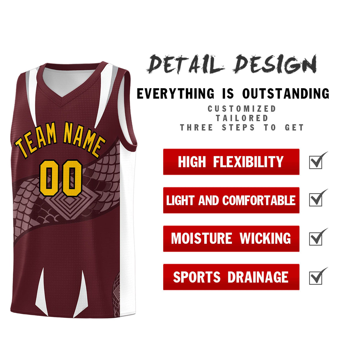 Custom Burgundy White Snake Scale Venomous Fang Drapable Graffiti Pattern Basketball Suit Jersey