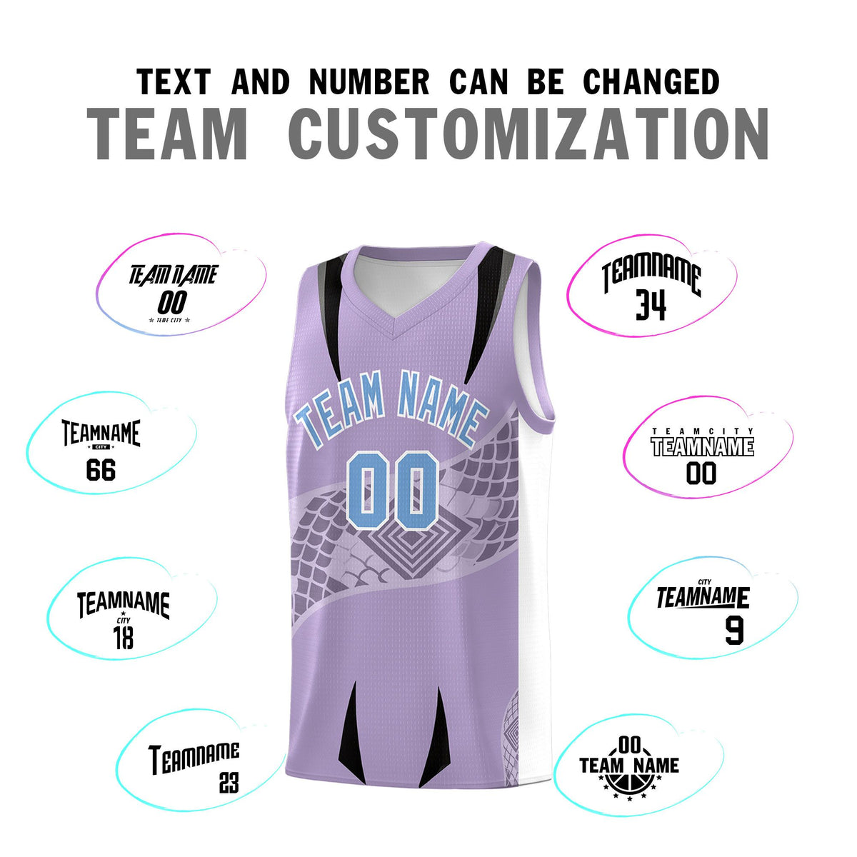 Custom Light Purple White Snake Scale Venomous Fang for Team Graffiti Pattern Basketball Suit Jersey