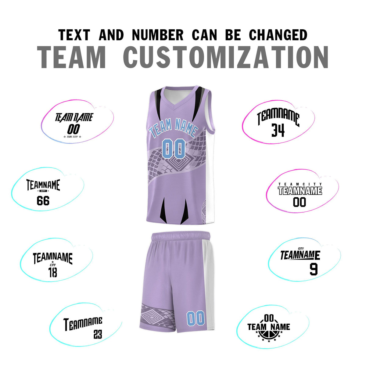 Custom Light Purple White Snake Scale Venomous Fang for Team Graffiti Pattern Basketball Suit Jersey