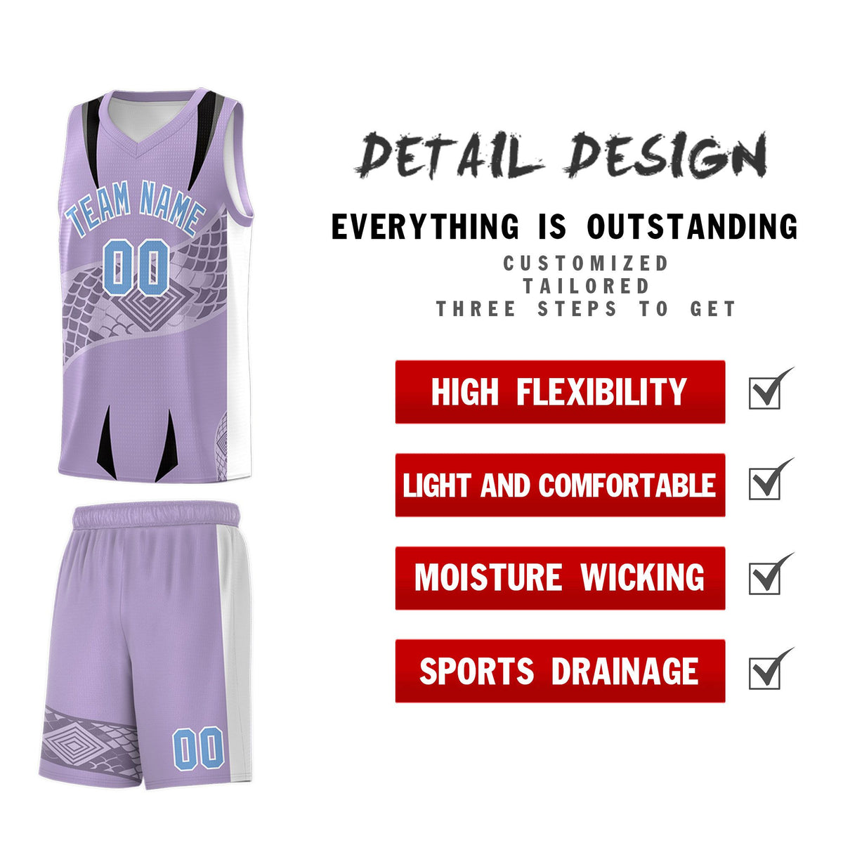 Custom Light Purple White Snake Scale Venomous Fang for Team Graffiti Pattern Basketball Suit Jersey