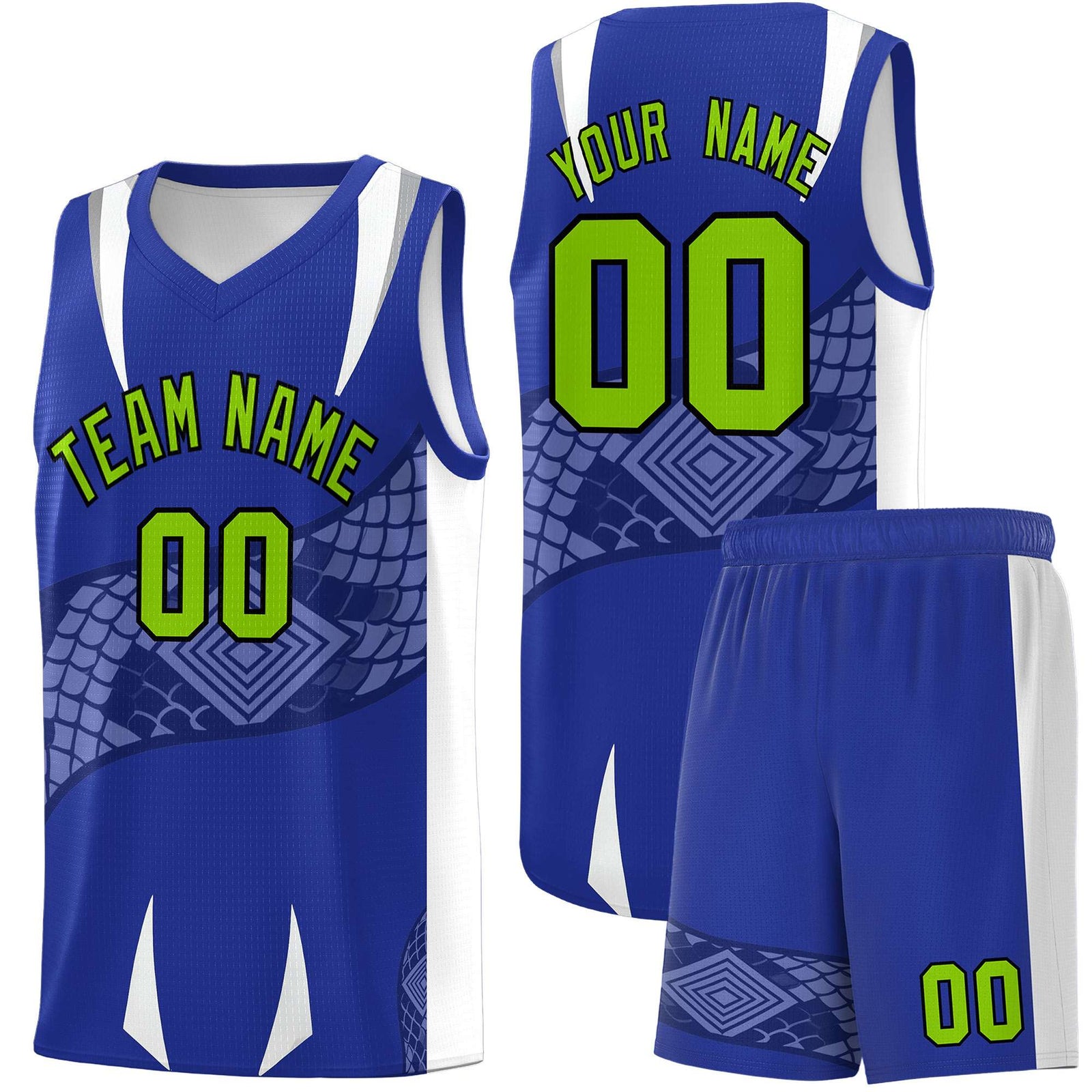 Custom Royal White Snake Scale Venomous Fang Drapable Graffiti Pattern Basketball Suit Jersey
