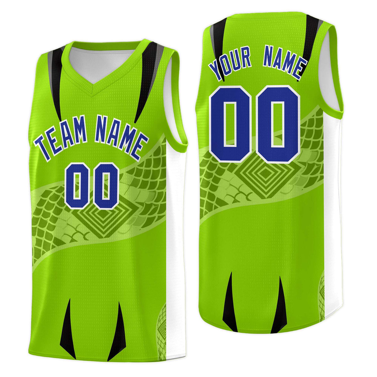 Custom Neon Green White Snake Scale Venomous Fang for Leagues Graffiti Pattern Basketball Suit Jersey