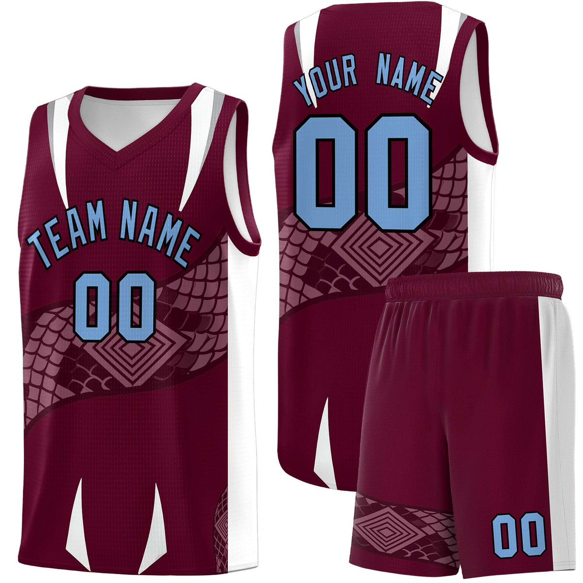 Custom Burgundy White Snake Scale Venomous Fang Lightweight Graffiti Pattern Basketball Suit Jersey