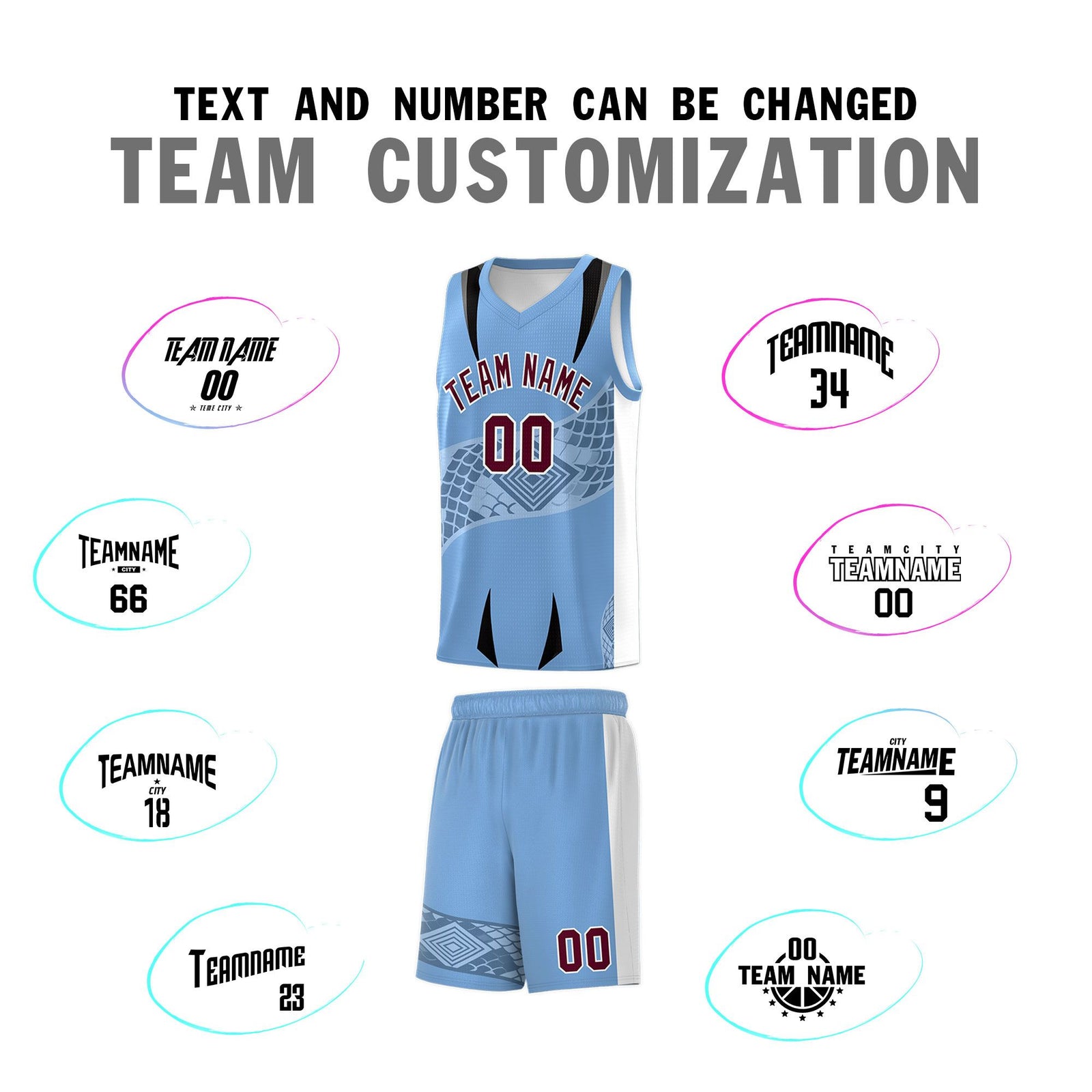 Custom Light Blue White Snake Scale Venomous Fang for Team Graffiti Pattern Basketball Suit Jersey