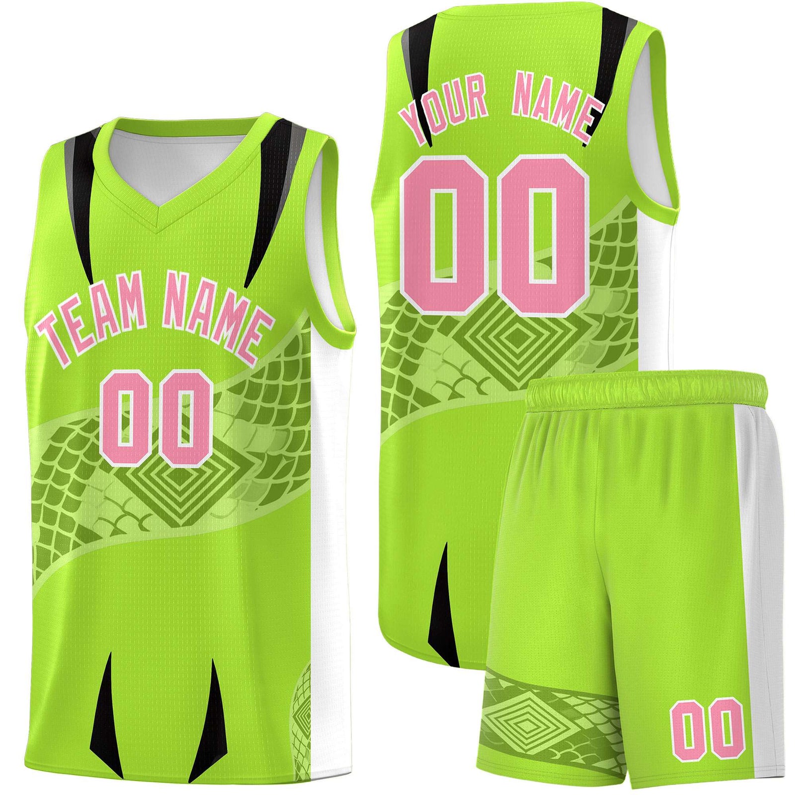 Custom Neon Green White Snake Scale Venomous Fang for Leagues Graffiti Pattern Basketball Suit Jersey