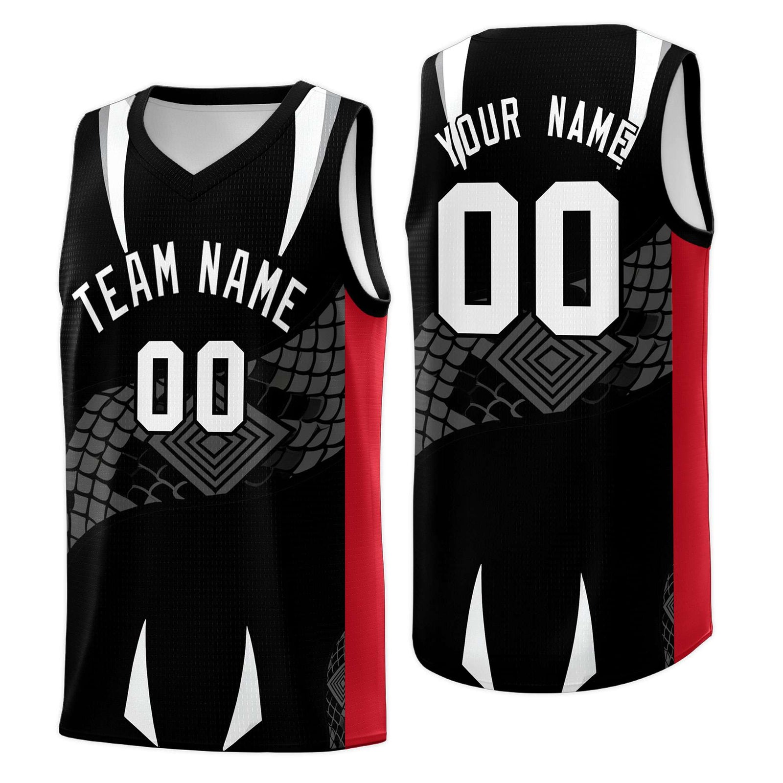 Custom Black Red  Snake Scale Venomous Fang Breathable Graffiti Pattern Basketball Suit Jersey