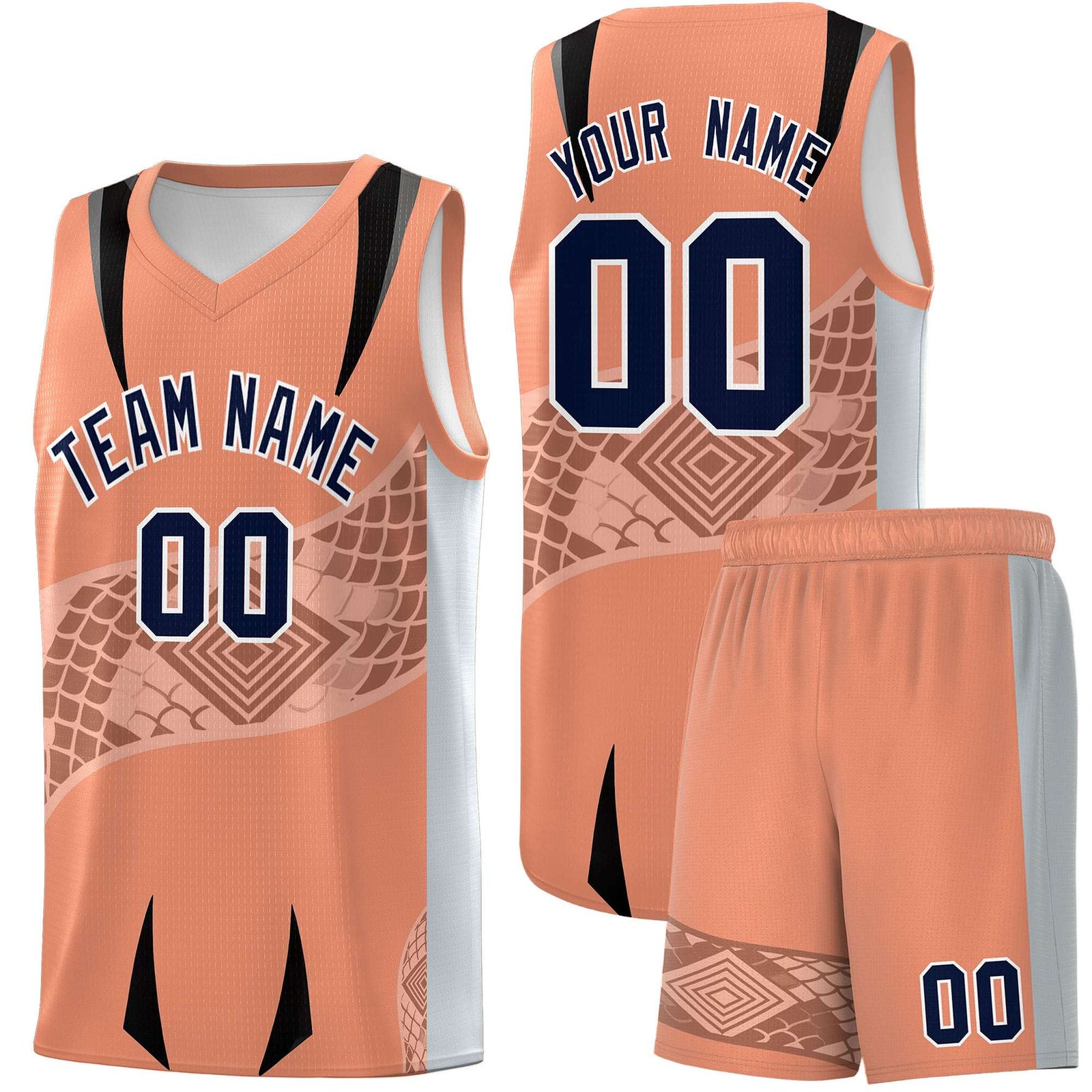 Custom Light Orange Silver Snake Scale Venomous Fang for Leagues Graffiti Pattern Basketball Suit Jersey