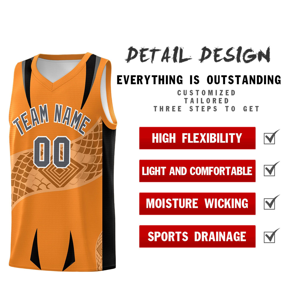 Custom Orange Black Snake Scale Venomous Fang for Clubs Graffiti Pattern Basketball Suit Jersey