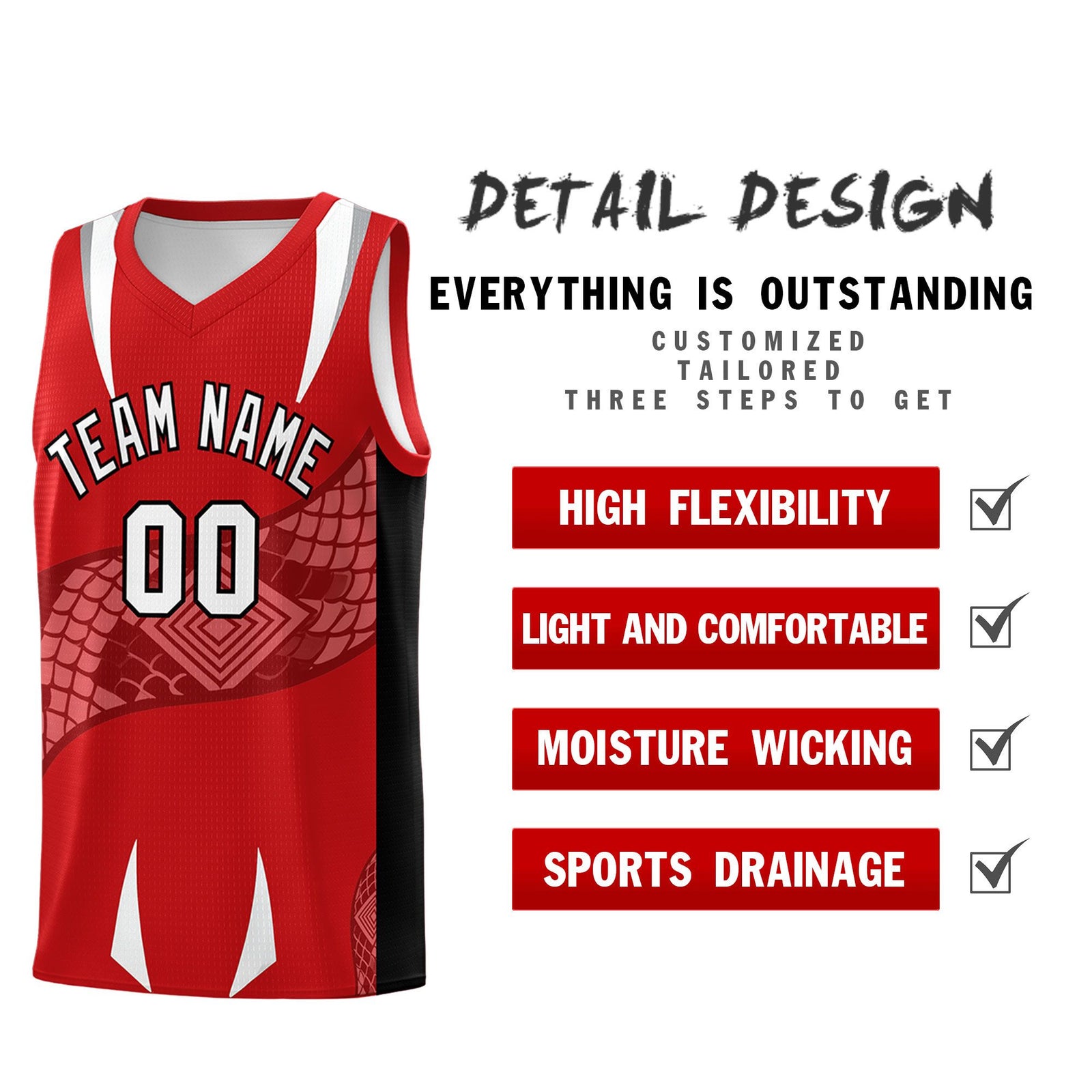 Custom Red Black Snake Scale Venomous Fang Drapable Graffiti Pattern Basketball Suit Jersey