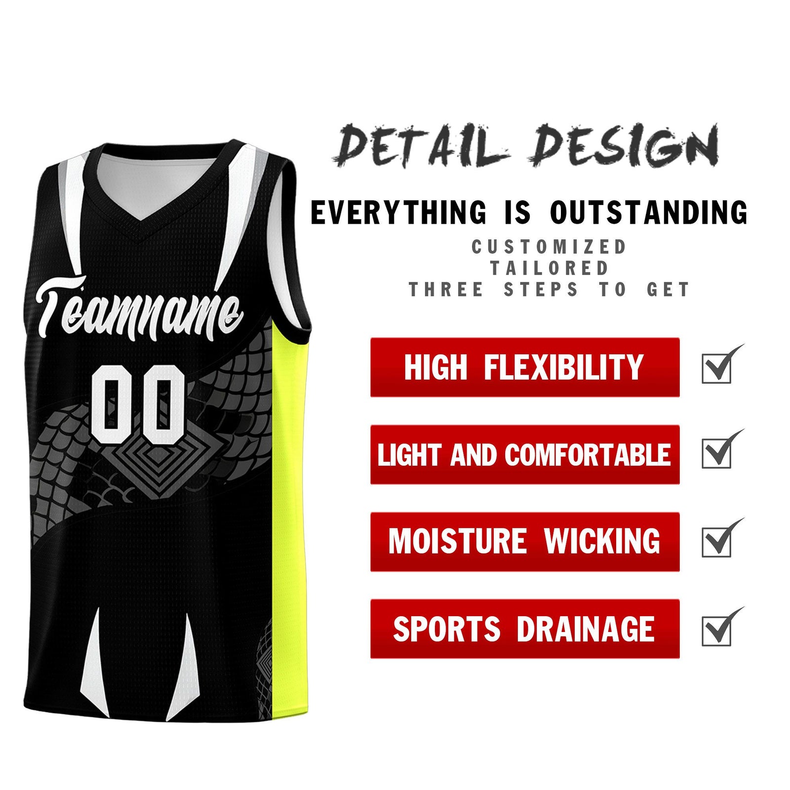 Custom Black Neon Green Snake Scale Venomous Fang Breathable Graffiti Pattern Basketball Suit Jersey