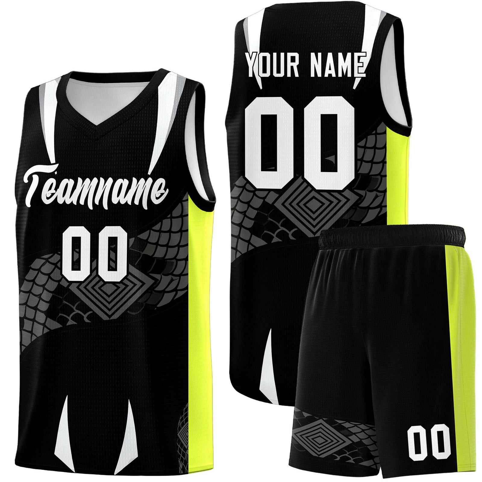 Custom Black Neon Green Snake Scale Venomous Fang Breathable Graffiti Pattern Basketball Suit Jersey