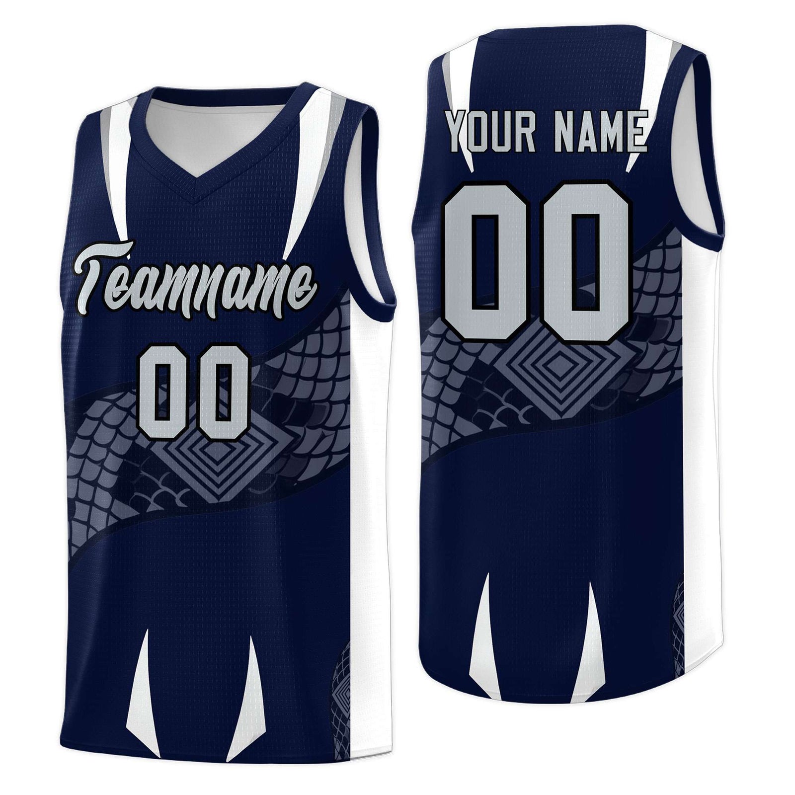 Custom Navy White Snake Scale Venomous Fang Lightweight Graffiti Pattern Basketball Suit Jersey