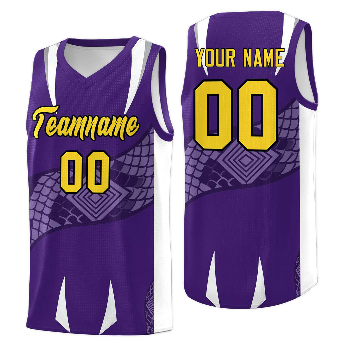 Custom Purple White Snake Scale Venomous Fang Drapable Graffiti Pattern Basketball Suit Jersey