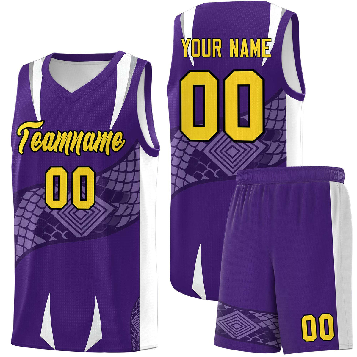Custom Purple White Snake Scale Venomous Fang Drapable Graffiti Pattern Basketball Suit Jersey