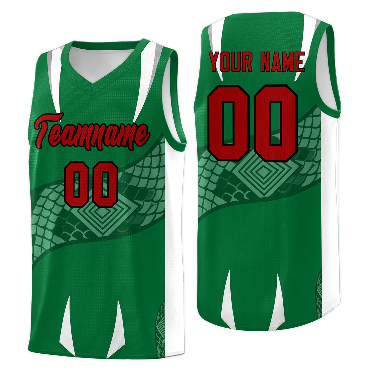 Custom Kelly Green White Snake Scale Venomous Fang Breathable Graffiti Pattern Basketball Suit Jersey