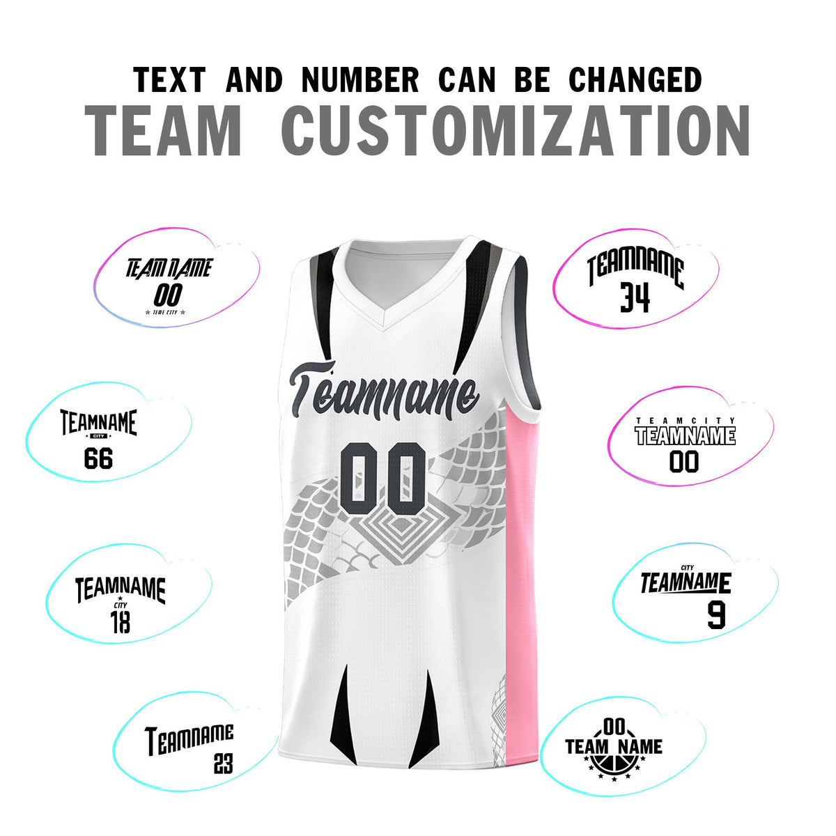 Custom White Light Pink Snake Scale Venomous Fang for Leagues Graffiti Pattern Basketball Suit Jersey