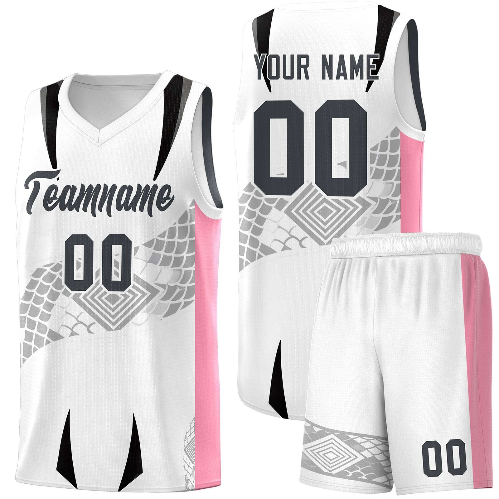 Custom White Light Pink Snake Scale Venomous Fang for Leagues Graffiti Pattern Basketball Suit Jersey