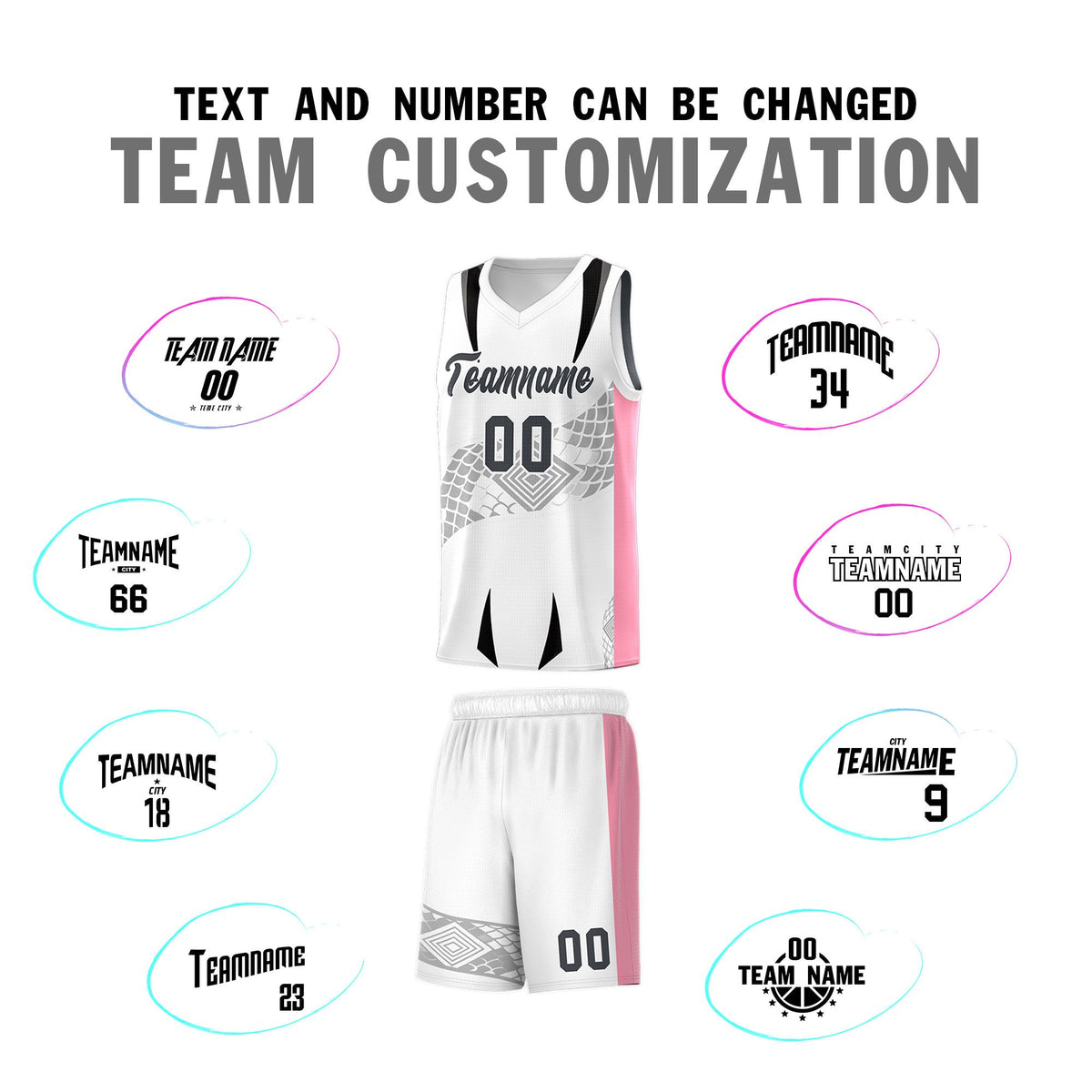 Custom White Light Pink Snake Scale Venomous Fang for Leagues Graffiti Pattern Basketball Suit Jersey