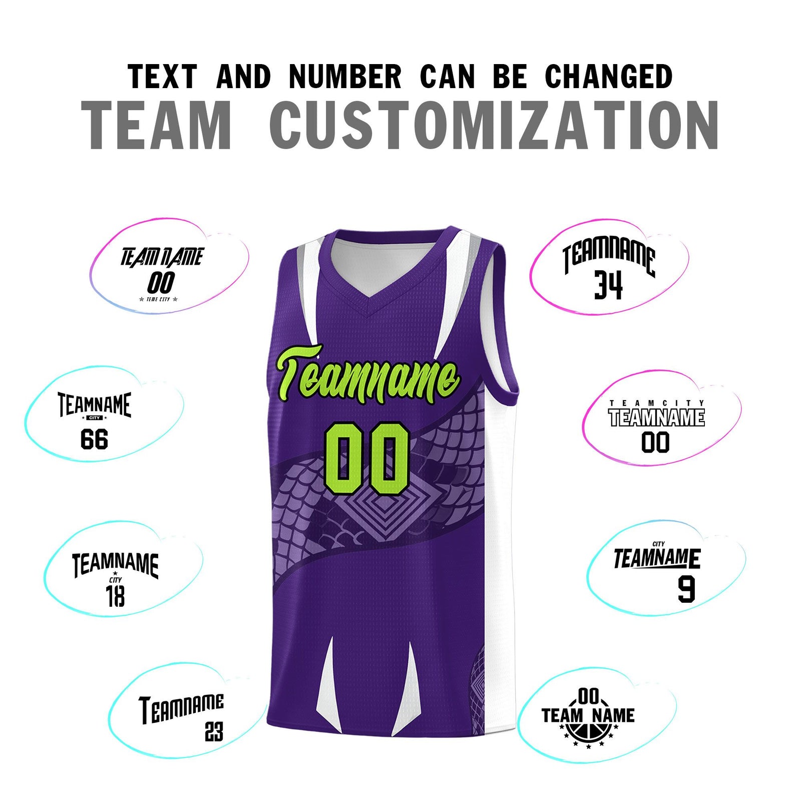 Custom Purple White Snake Scale Venomous Fang Breathable Graffiti Pattern Basketball Suit Jersey