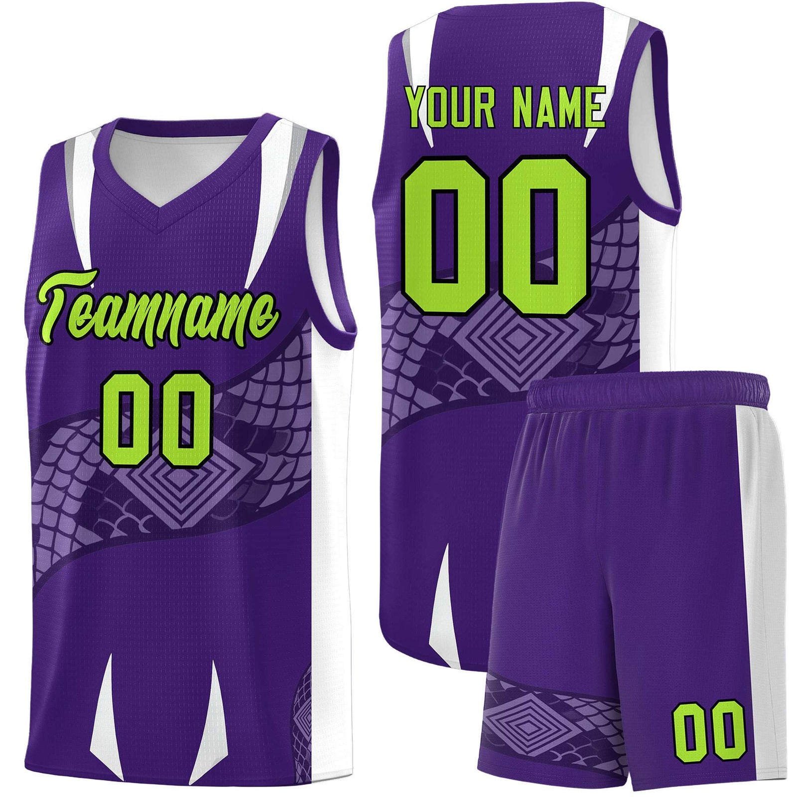 Custom Purple White Snake Scale Venomous Fang Breathable Graffiti Pattern Basketball Suit Jersey