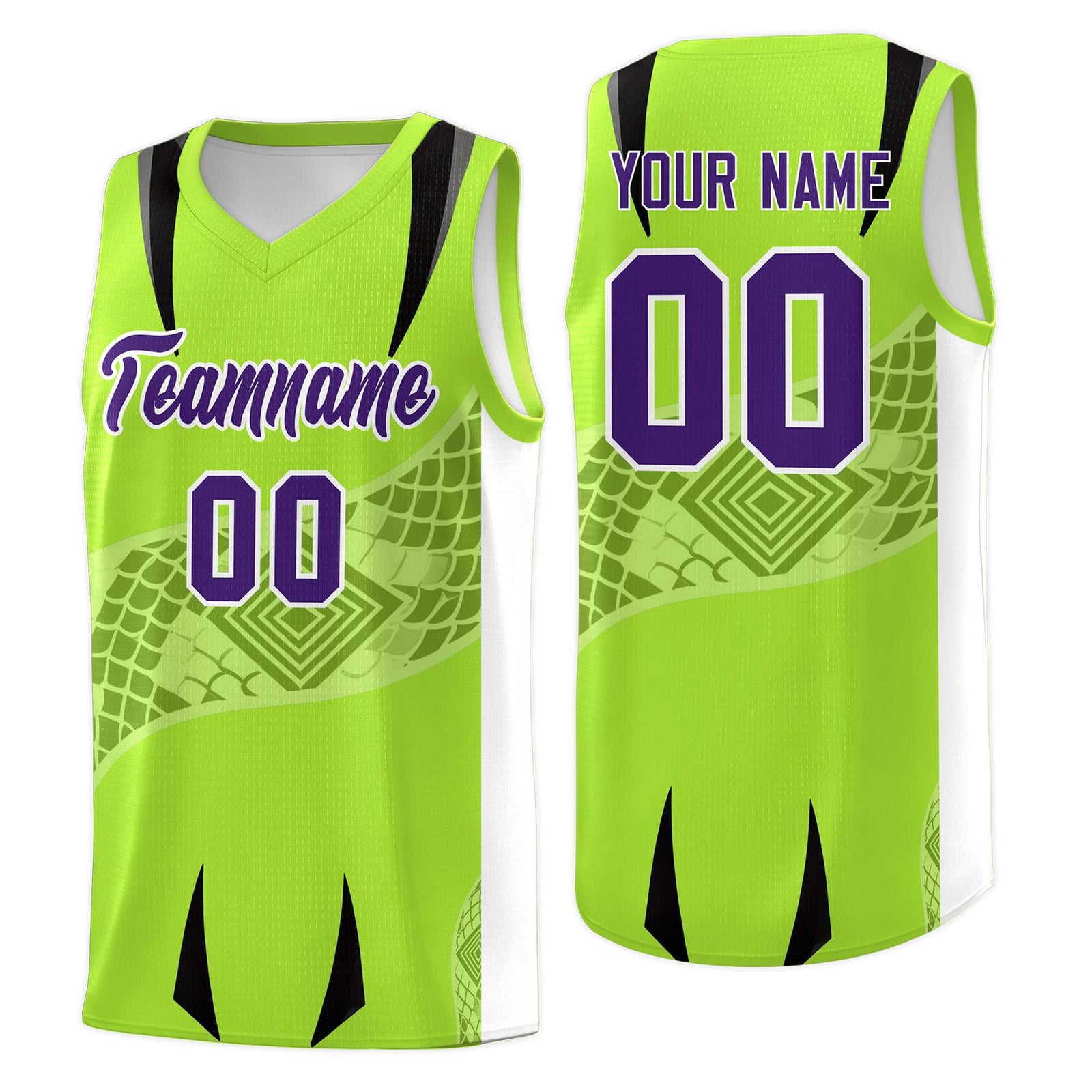 Custom Neon Green White Snake Scale Venomous Fang for Clubs Graffiti Pattern Basketball Suit Jersey