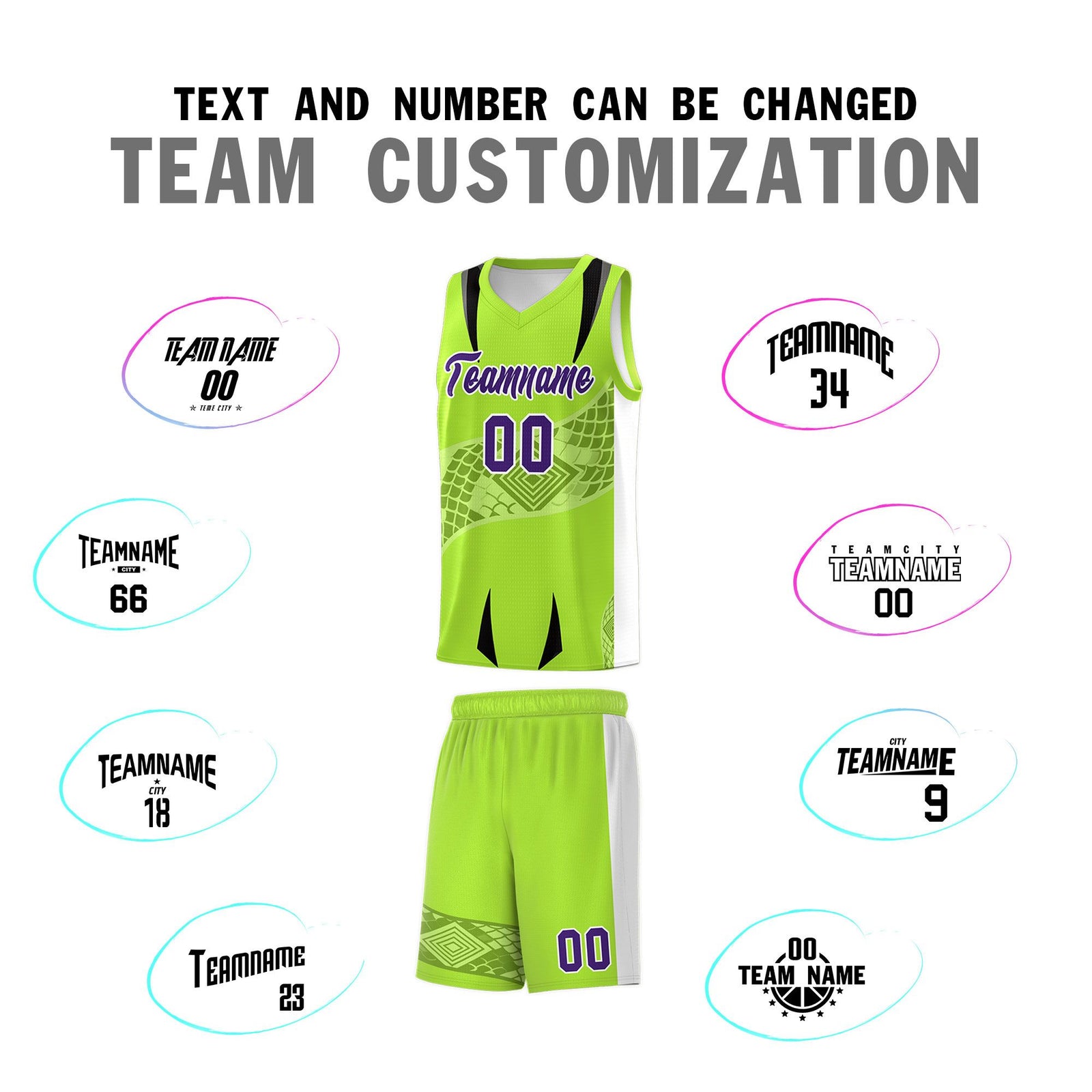 Custom Neon Green White Snake Scale Venomous Fang for Clubs Graffiti Pattern Basketball Suit Jersey